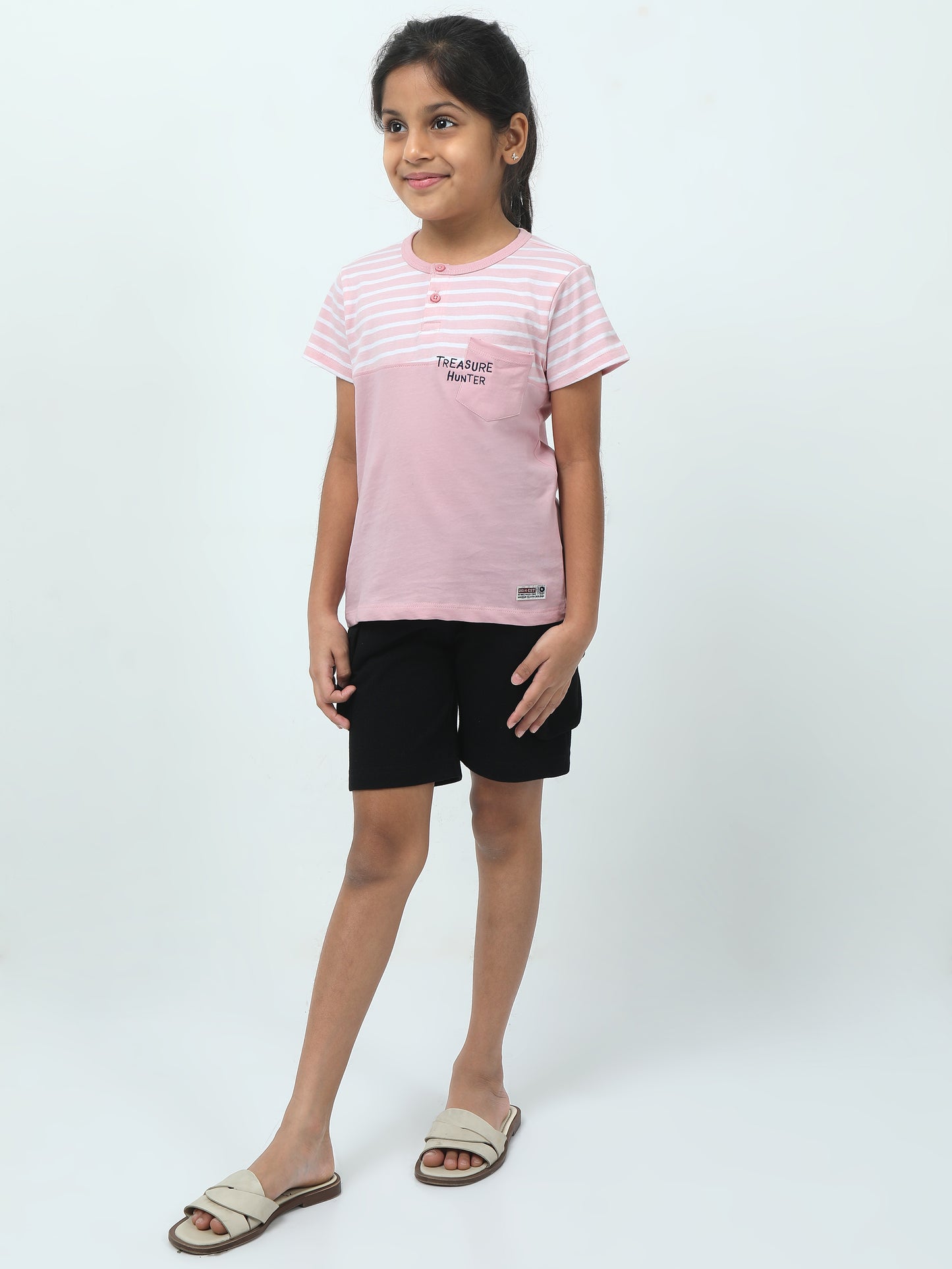 Treasure Hunter Set 🏴☠️ – (Pink Striped Henley Tee + Black Shorts)