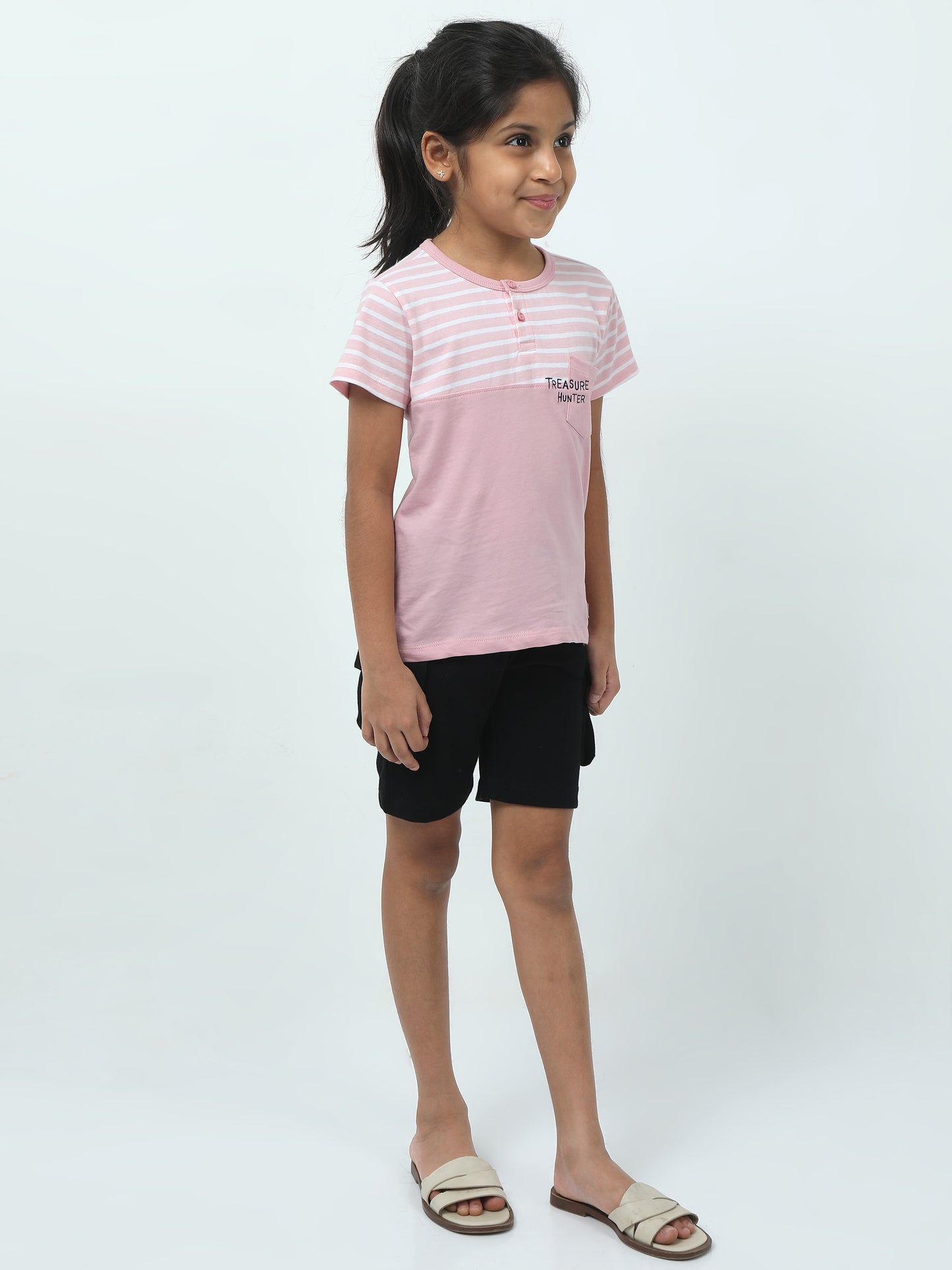 Treasure Hunter Set 🏴☠️ – (Pink Striped Henley Tee + Black Shorts)