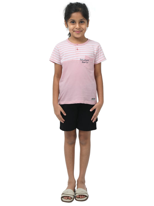 Treasure Hunter Set 🏴‍☠️ – (Pink Striped Henley Tee + Black Shorts)