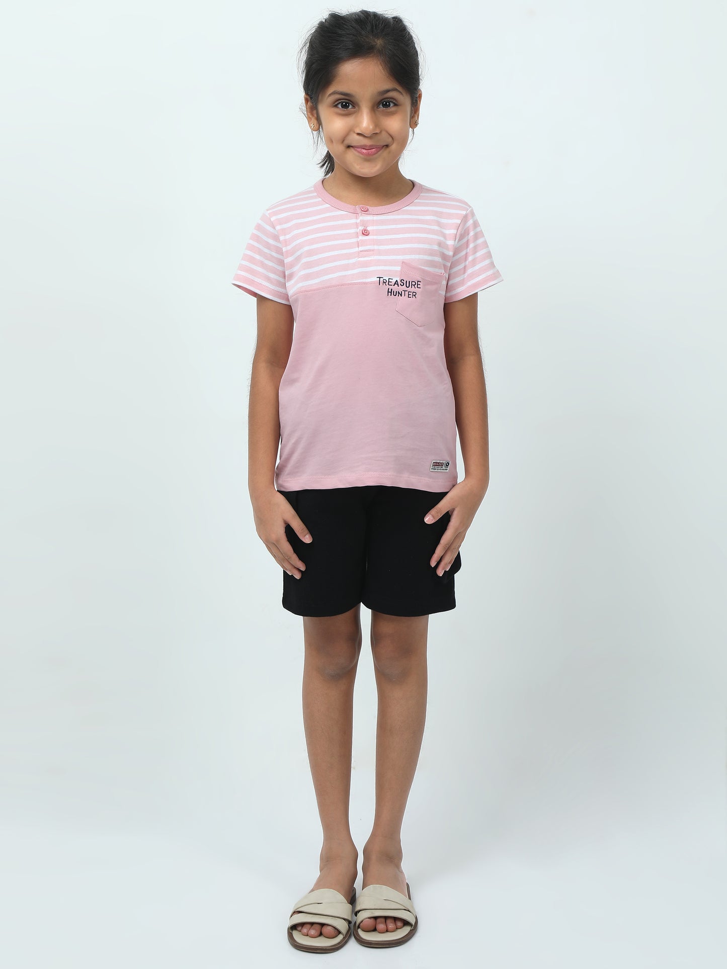 Treasure Hunter Set 🏴‍☠️ – (Pink Striped Henley Tee + Black Shorts)