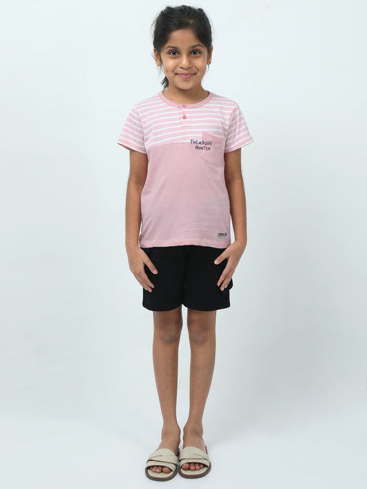 Treasure Hunter Set 🏴‍☠️ – (Pink Striped Henley Tee + Black Shorts)
