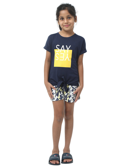 Sunshine Vibes Set 🌞 – (Navy Graphic Tee + Printed Shorts)